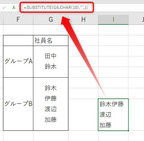 =SUBSTITUTE(G6,CHAR(10),"",1)」と入力