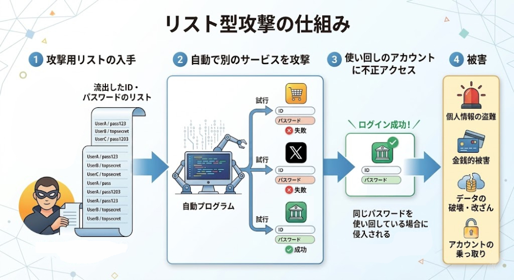 リスト型攻撃の仕組み(生成AIによるイメージ画像)