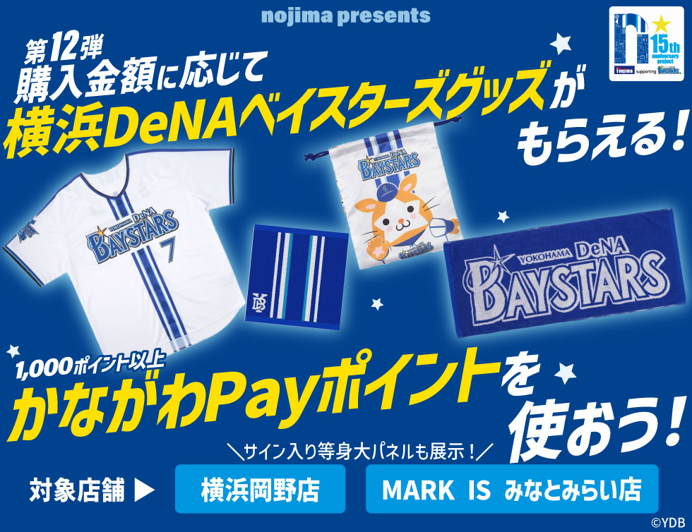 ノジマプレゼンツ【15の公約 第12弾】対象店舗でかながわPayポイントを使うと購入金額に応じて横浜DeNAベイスターズグッズがもらえる!キャンペーンページTOP画像