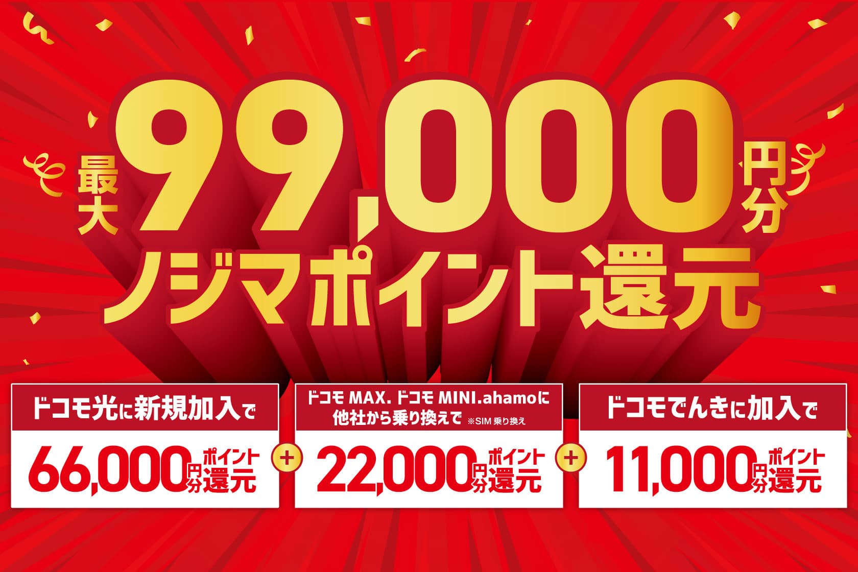 ドコモ光に新規加入+ドコモ MAX. ドコモ MINI. ahamoに他社から乗り換え+ドコモでんき加入で最大99,000円分ノジマポイント還元 TOP画像